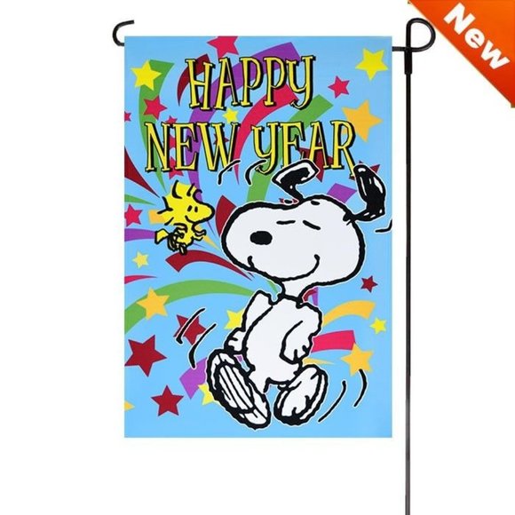 Happy New Year! SNOOPY PEANUTS GANG Garden Flag 12"X18" 60597  Woodstock NIP - Picture 1 of 2